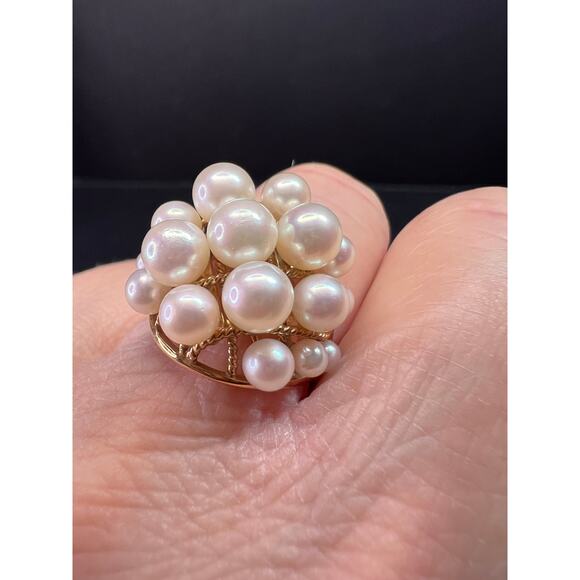 Vintage 14K Gold Cluster Pearl Cocktail Ring – Mid Century Dome Design- size 6 - Picture 3 of 16